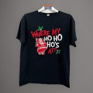 Vintage Where My Ho Ho Hos At Christmas Tee Santa Black Medium 90s Funny Holiday